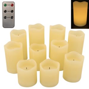 10er Set LED-Kerzen aus Echtwachs mit Timerfunktion und Fernbedienung, je 2 x 8, 10, 12, 14, 16 cm hoch, ohne Flamme - Creme