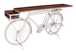 SIT Möbel Stehtisch aus recyceltem Fahrrad | Altholz bunt | Metall weiß | B 190 x T 41 x H 95 cm | 01054-57 | Serie THIS & THAT