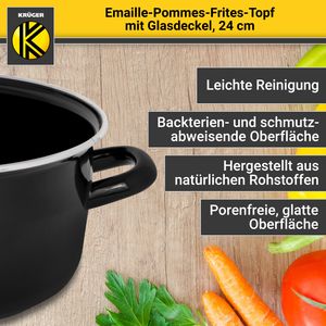 Karl Krüger PFD24 Emaille Pommes-Frites-Topf mit Chromrand, Siebeinsatz und Auflege-Glasdeckel, 24 cm