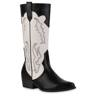 VAN HILL Damen Cowboystiefel Stiefel Spitze Stickereien Schuhe 839922, Farbe: Schwarz Beige, Größe: 38