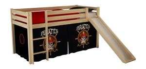 Vipack Spielbett Pino mit Rutsche und Textilset "Pirates" - Kiefer massiv natur lackiert, Maße: 210 cm x 114 cm x 218 cm; PICOHSGB1077