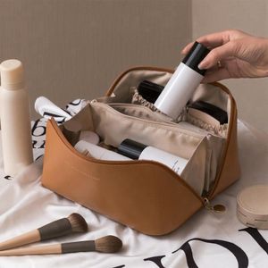 Große Kapazität Reise Kosmetiktasche Leder Make-up Tasche Wasserdicht Tragbare Kosmetiktasche Kulturbeutel für Hautpflege Kosmetik Toilettenartikel mit Griff und Trennwand