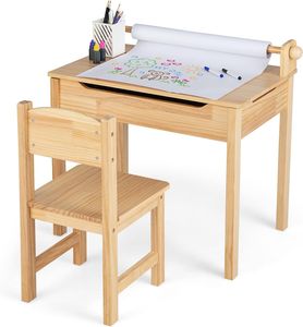 GOPLUS Kindertisch mit Stuhl, Maltisch mit Papierrolle & Marker, Aufklappbare Kindersitzgruppe mit Stauraum, Multifunktionaler Kindertisch