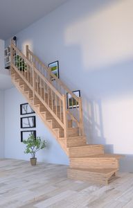 Drevené schodisko Lindos (dub) v ¼ točitej konštrukcii vľavo - 100 cm - drevený dizajn zábradlia - so stúpačkami na oboch stranách