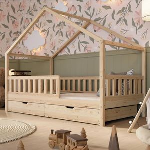Crazy Pine Hausbett mit Schubladen 100x200 cm – Kinderbett aus Naturholz – Bodenbett mit Stauraum und Abnehmbarer Barriere - Crazy House