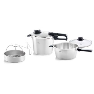 Fissler Vitavit Premium / Schnellkochtopf-Set, 5-teilig (6l - Ø 22 cm & Schnellbratpfanne 3,5l - Ø 22 cm) inkl. Metall-Deckel, Glas-Deckel, Einsatz - Induktion