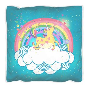 Wallario Premium Kissen, weiche Oberfläche, mit Motiv Lustiges Einhorn auf einer Wolke vor Regenbogen, Größe: 60 x 60 cm, mit weißer Rückseite