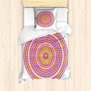 ABAKUHAUS Mandala Bettbezug Set für Einzelbetten, Zusammenfassung Bohemian Medaillon, Milbensicher Allergiker geeignet mit Kissenbezug, 135 cm x 200 cm - 80 x 80 cm, Magenta Gelb