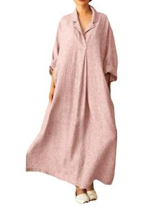 Weibliche Mode retro Baumwolle Leinen Hemd lange Rock Kleid,Farbe: Pink,Größe:3XL