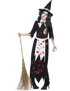 Zombie-Hexe Halloween-Damenkostüm schwarz-weiss-rot