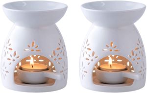 LOVECASA Duftlampe Keramik, Duftlampe mit Kerzenhalter- 2 teilige Aromalampe Teelichthalter mit der Löffel- große Wasserschale für Lange Brenndauer- Blumen Muster