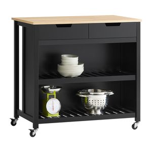 SoBuy FKW74-SCH Servierwagen Kücheninsel Sideboard Küchenwagen Küchenschrank mit 2 Schubladen und Ablagen Schwarz-Natur