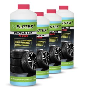 Flotex® 4 x 1L Reifenglanz - Auto Kunststoffpflege & Gummipflege für Außen - Schwarz - Reifenpflege für Reifenglanz - Autoreifen Pflege und Reifen Reiniger - Reifenschwarz Auto