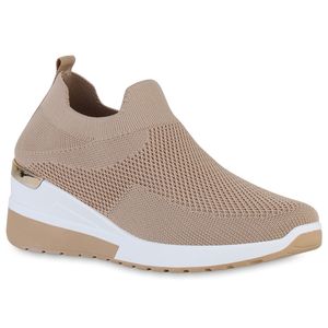 VAN HILL Damen Sportschuhe Slip Ons Keilabsatz Sportliche Strick Schuhe 840257, Farbe: Khaki, Größe: 39