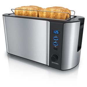 Arendo Toaster für 4 Scheiben, 1500W, Langschlitz, Wärmeisoliert, Brötchenaufsatz, Display, silber/schwarz