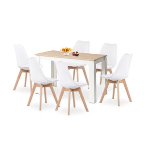 HJ_WeDoo Essgruppe Esszimmer moderner Esstisch in Eichenoptik, Weiße Beine mit 6 Weiß Stühlen aus massiver Buche enthalten, für Esszimmer