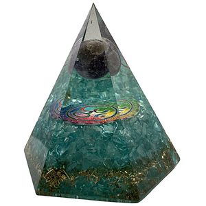 CHONIT Orgonit Pyramide, türkis sechseckig, EMF-Schutz gegen Strahlung, klein mit Bergkristall als Deko für zu Hause