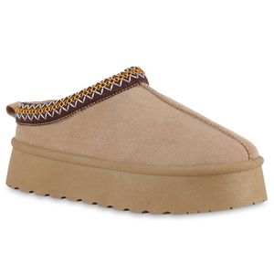 VAN HILL Damen Warm Gefütterte Pantoffeln Hausschuhe Bequeme Prints Schuhe 840875, Farbe: Beige, Größe: 38