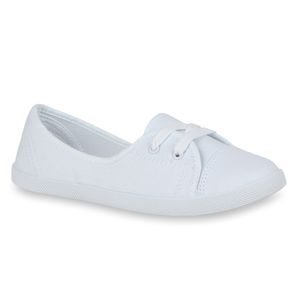 Mytrendshoe Sportliche Damen Ballerinas Stoff Slipper Sneaker Flats Schnürer 71109, Farbe: Weiß, Größe: 40
