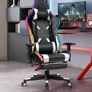 COSTWAY 360°drehbarer Gaming Stuhl mit 358 Lichtmodi, PC Stuhl mit Verstellbarer Armlehne, Rückenlehne und Fußstütze, Racingstuhl inkl. Fernbedienung, Kopf- und Lendenwirbelkissen (Weiß)