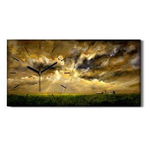 Leinwand Wanduhr Wandkunst Uhr 60x30 Ölgemälde Landschaft Feld Himmel Wolken - schwarze Hände