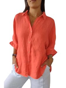 Damen Blusen Baumwolle Shirts Leinen Langarm Hemden Baggy Button Down Sommer Tops Orange,Größe L