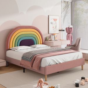 Fortuna Lai Čalouněná postel 140x200 cm, manželská postel Dětská postel s nastavitelným duhovým čelem, postel pro mládež Dřevěná postel s roštovým rámem, sametová, růžová