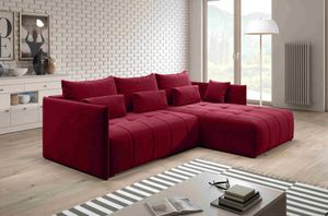 FURNIX Yalta Eckcouch L-Form  Couch Sofa Schlafsofa mit Schlaffunktion Bettkasten und Kissen modern Bordeaux Rot MH 59