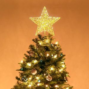 Christbaumspitze Weihnachtsbaum Topper Glitzer Stern mit LED Lichterkette Batteriebetrieben, Gold
