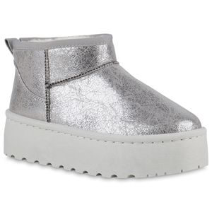VAN HILL Damen Warm Gefütterte Plateau Boots Stiefeletten Schuhe 840485, Farbe: Silber, Größe: 40