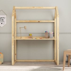 Kinderschreibtisch TINA in Hausform, natur - höhenverstellbarer Schreibtisch für Kinderzimmer, mitwachsend und individuell anpassbar, aus Kiefer Massivholz