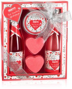 BRUBAKER Cosmetics 5-tlg. Bade- und Dusch Set Erdbeere Sweet Love - Pflegeset Geschenkset mit Blumen Design - Geschenkidee für Frauen - Pink