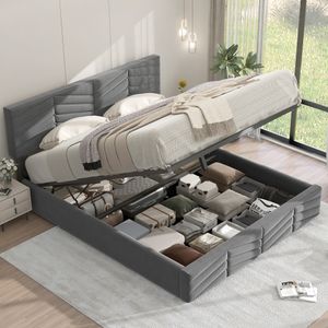 Merax Hydraulická posteľ Boxspring 140x200 cm so zásuvkou na posteľ, čalúnená posteľ s výškovo nastaviteľným čelom a lamelovým rámom, zamatová manželská posteľ Funkčná posteľ