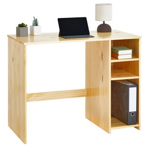 Schreibtisch LIAM, schöner Computertisch mit Regal, praktischer Bürotisch mit 2 verstellbaren Einlegeböden, zeitloser Arbeitstisch aus massiver Kiefer in natur