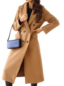Ladies V Hals Coat Outdoor Outwear Wolle Doppeltreihige Jacke Trenchcoats Einfarbig, Farbe: Khaki, Größe: M