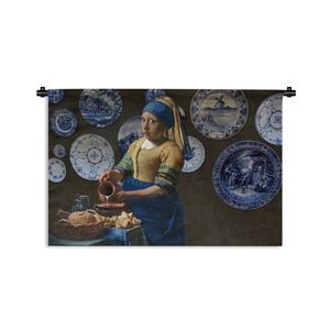 MuchoWow® Wandteppich Wandbehang Mädchen mit Perlenohrring - Milchmädchen - Delfter Blau 120x80 cm Tapisserie Dekoration Wandtuch - Wanddekorationen - Wandtücher