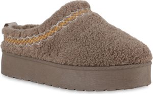 VAN HILL Damen Warm Gefütterte Pantoffeln Hausschuh Bequem Kunstfell Schuhe 840864, Farbe: Khaki, Größe: 37