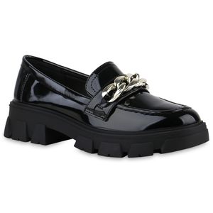 VAN HILL Damen Loafers Slippers Ketten Profil-Sohle Schuhe 840656, Farbe: Schwarz, Größe: 41