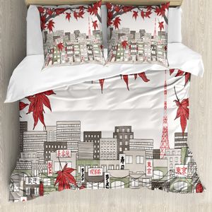 ABAKUHAUS Tokyo Bettbezug Set für Einzelbetten, Japanische Stadt Art Panorama, Milbensicher Allergiker geeignet mit Kissenbezug, 155 cm x 220 cm - 80 x 80 cm, Coconut Red