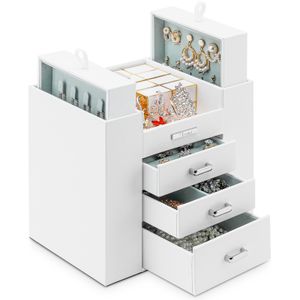 Seelux Schmuckkästchen Schmuckkoffer in Weiß, Schmuckkasten mit 5 Schubladen für Halsketten, Armbanduhren, Ringe, Armbänder, Ohrringe, Geschenk