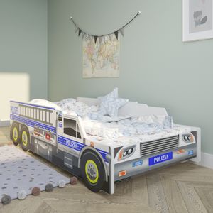 Autobett Kinderbett Jugendbett 80x160 mit Rausfallschutz und Matratze | Polizei Polizeiauto Polizist Kinder Spielbett 160x80