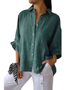 Damen Blusen Baumwolle Shirts Leinen Langarm Hemden Baggy Button Down Sommer Tops Grüner See,Größe 4XL