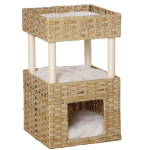 Pawhut Katzenhöhle aus Rattan Katzenkorb mit Kratzstamm 3-stöckiges Katzenbett Katzenhöhle Katzenturm mit 3 Kissen Liegedach Sisal Natur 40 x 40 x 70 cm