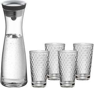 WMF Basic Gläser-Set 5-teilig, Karaffe mit 4 Gläser 250ml, Glaskaraffe mit CloseUp-Verschluss, Glas, Silikon, spülmaschinengeeignet