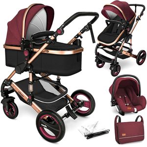 KIDUKU® 3 in 1 Kombi Kinderwagen Bordeaux/Gold Buggy Reisebuggy inkl. Auto- Babyschale Faltbar