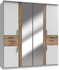 Koblenz 6-türiger Kleiderschrank mit Spiegel und Accessoire-Fach Weiß / Plankeneiche
