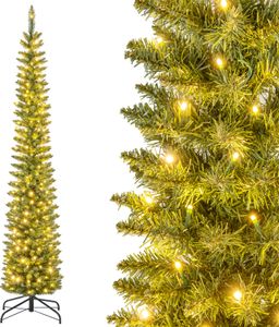 COSTWAY 210cm umelý vianočný stromček s 200 teplými bielymi LED diódami, vianočný stromček v ceruzke, úzky vianočný stromček, umelý vianočný stromček zelený