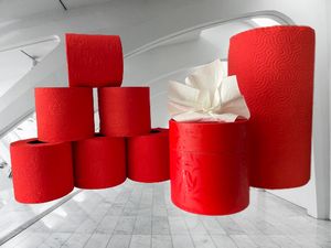 VIVA ROT - LUXURY Set 3tlg. deSIGN WC Papier geprägt - XXL Handtuchrolle / Küchenrolle - Taschentuch / Kosmetik Zupfbox - color your Life