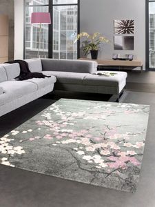 Teppich modern Wohnzimmerteppich Blumen rosa grau Größe - 200 x 290 cm