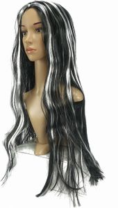 Schwarze Damen Hexen Perücke mit weißen Strähnen